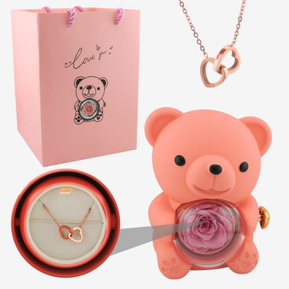 Rose Bear W/ Forever Rose & Heart Necklace