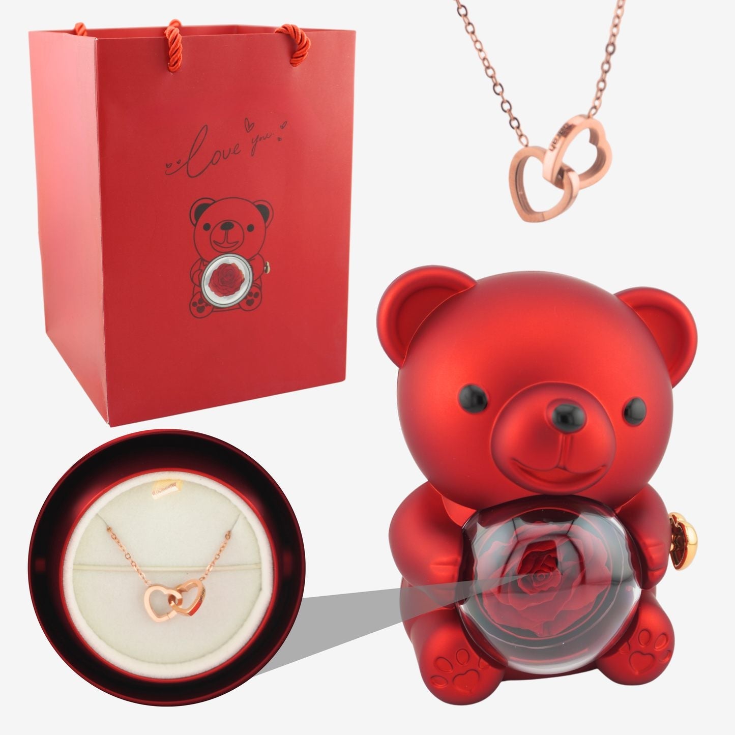 Rose Bear W/ Forever Rose & Heart Necklace