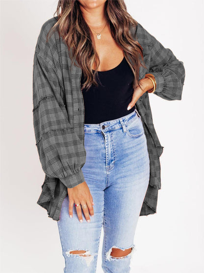 Women's Seams Raw Edge Washed Oversized Shirt Jacket with Pockets