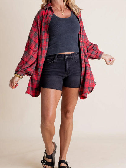 Women's Seams Raw Edge Washed Oversized Shirt Jacket with Pockets