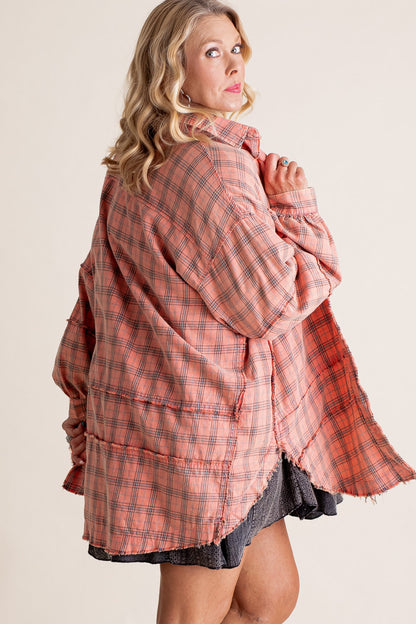 Women's Seams Raw Edge Washed Oversized Shirt Jacket with Pockets