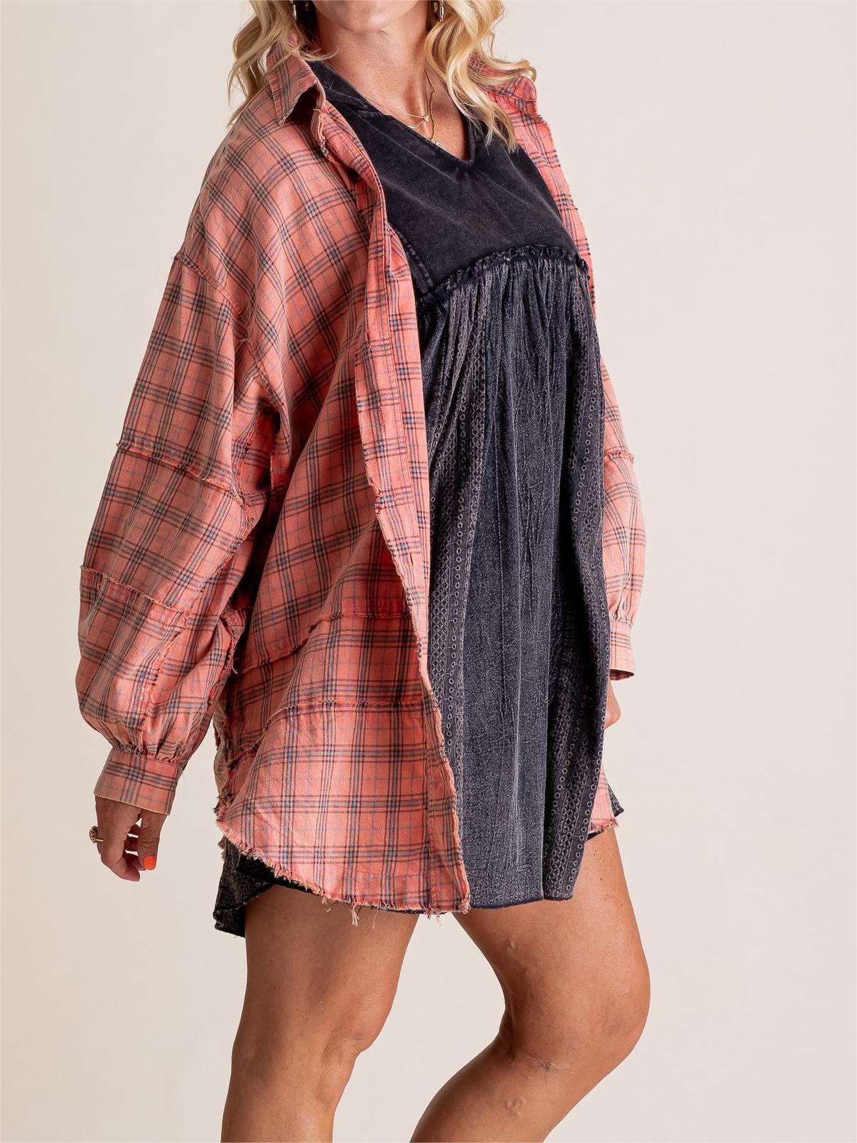 Women's Seams Raw Edge Washed Oversized Shirt Jacket with Pockets