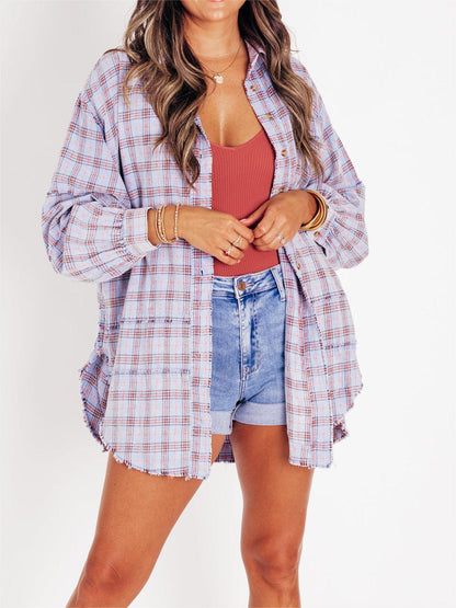 Women's Seams Raw Edge Washed Oversized Shirt Jacket with Pockets