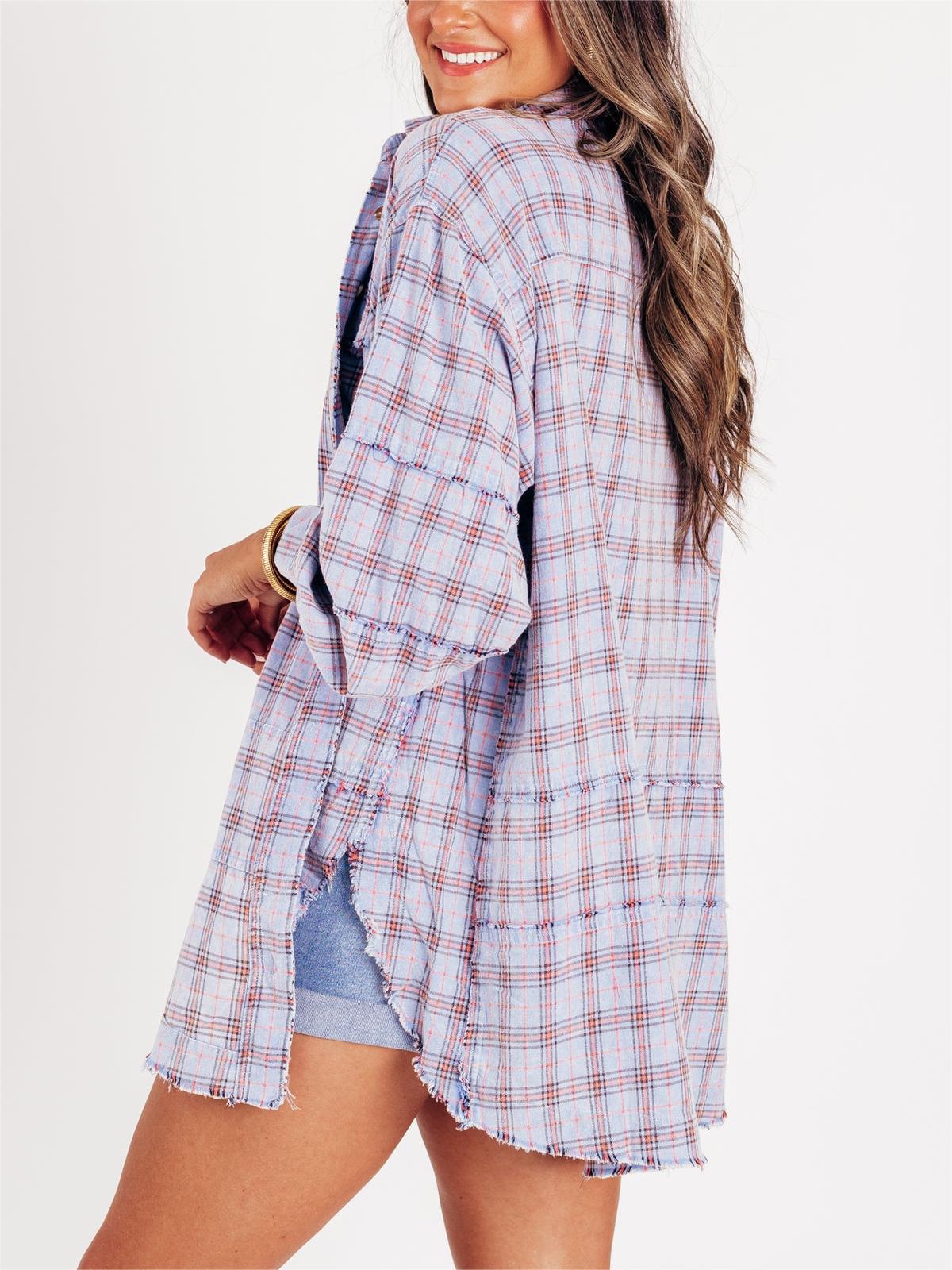 Women's Seams Raw Edge Washed Oversized Shirt Jacket with Pockets