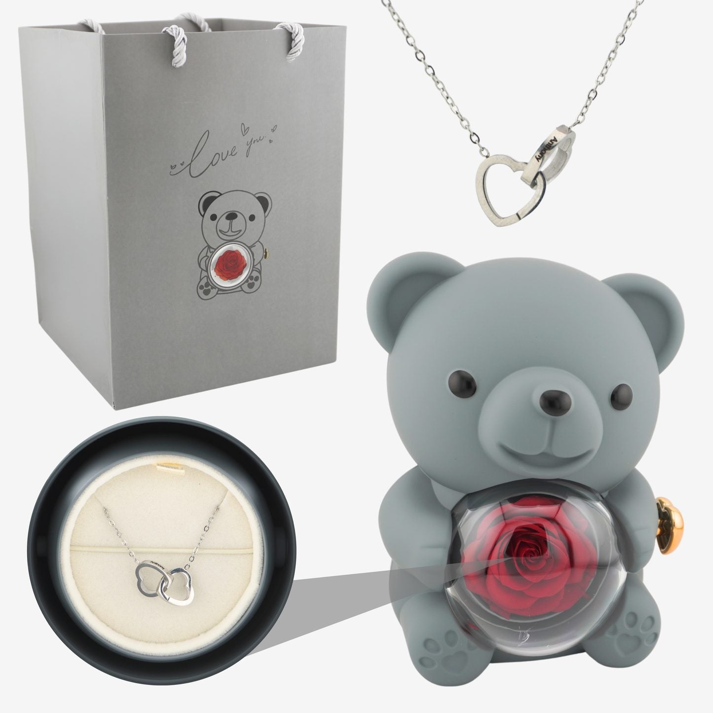 Rose Bear W/ Forever Rose & Heart Necklace