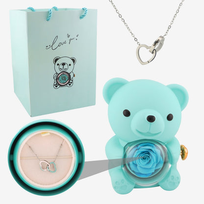 Rose Bear W/ Forever Rose & Heart Necklace