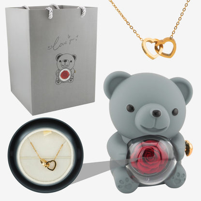 Rose Bear W/ Forever Rose & Heart Necklace