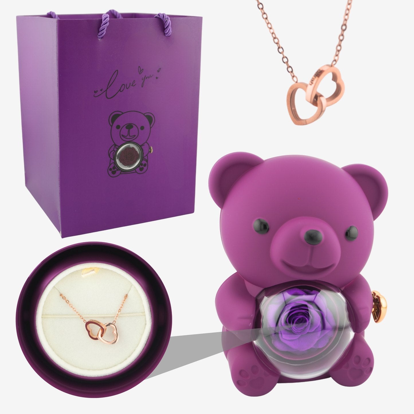 Rose Bear W/ Forever Rose & Heart Necklace