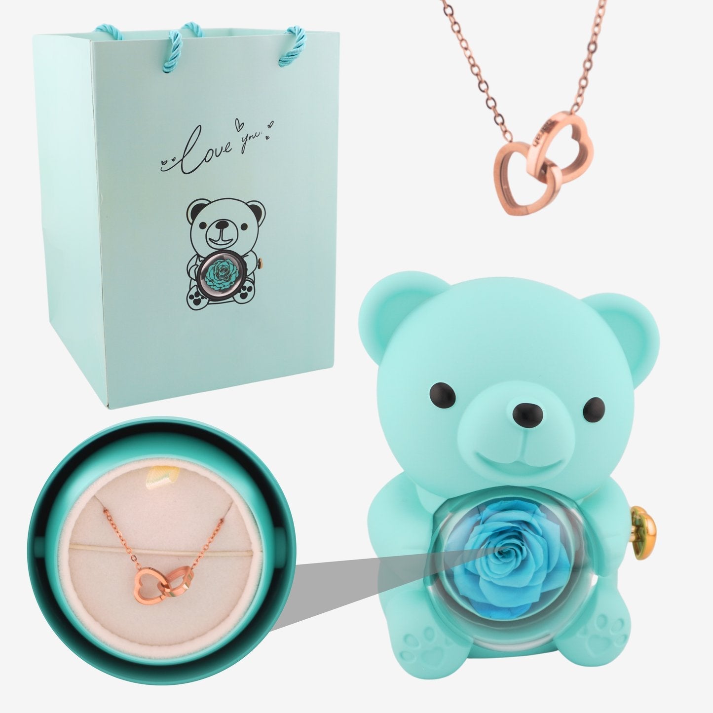 Rose Bear W/ Forever Rose & Heart Necklace